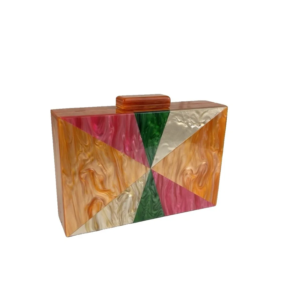 Marbled Acrylic Clutch Bag Art Deco Patchwork Evening Orange Pink Gold Chain